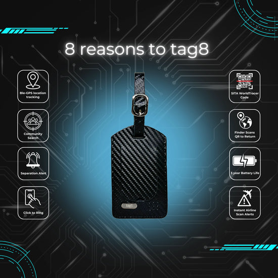 tag8 Luggage Tracker featuring a sleek carbon fiber case for real-time tracking