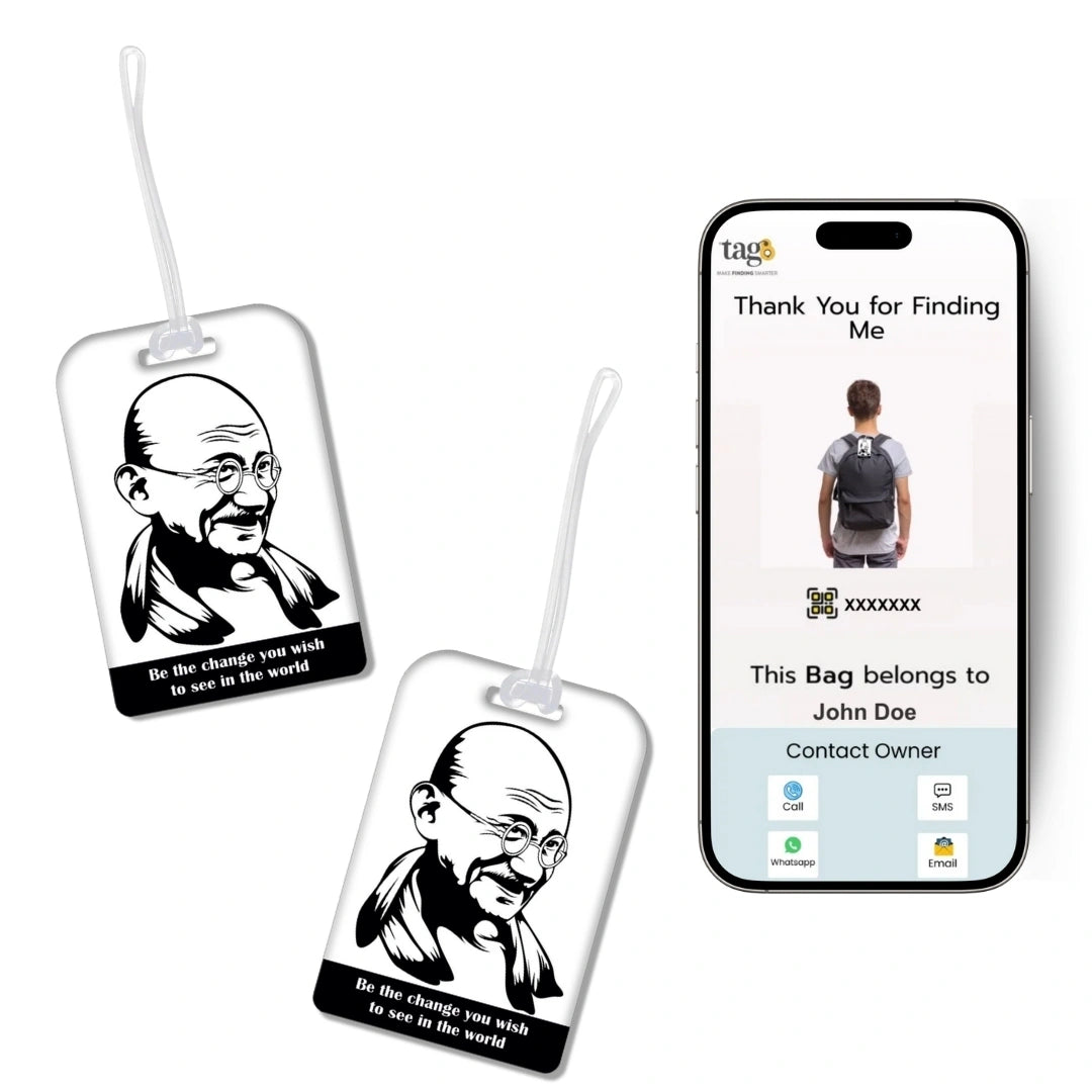 Mahatma Gandhi travel theme smart bag tag pack with QR code by tag8