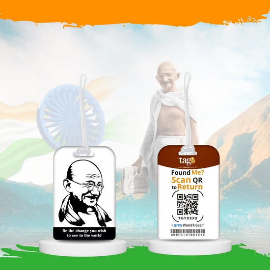 Mahatma Gandhi travel theme smart bag tag pack with QR code by tag8