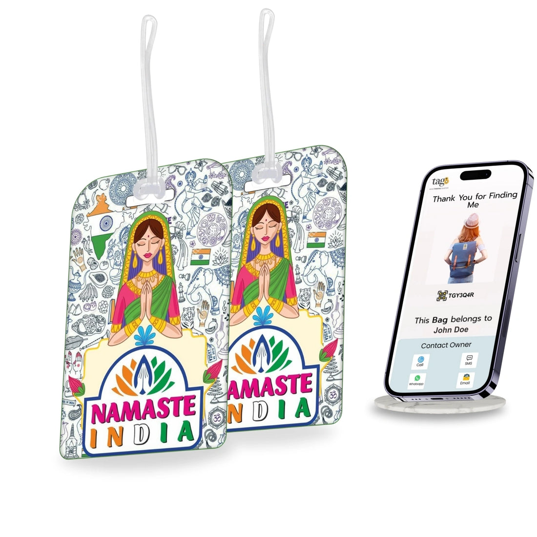 Namaste India themed smart bag security tag with QR code by tag8