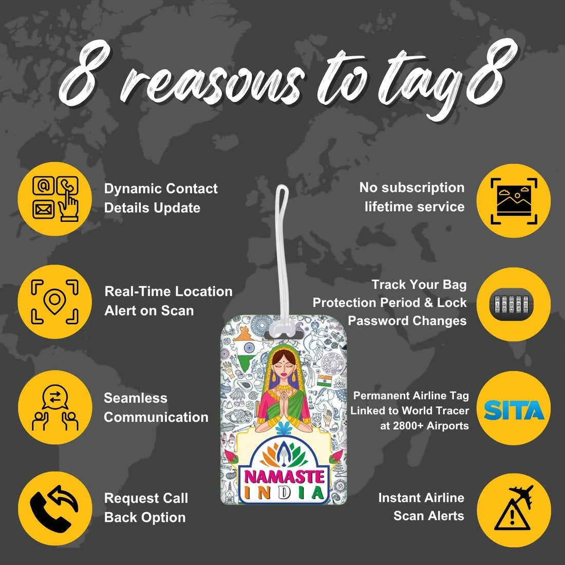 Namaste India themed smart bag security tag with QR code by tag8