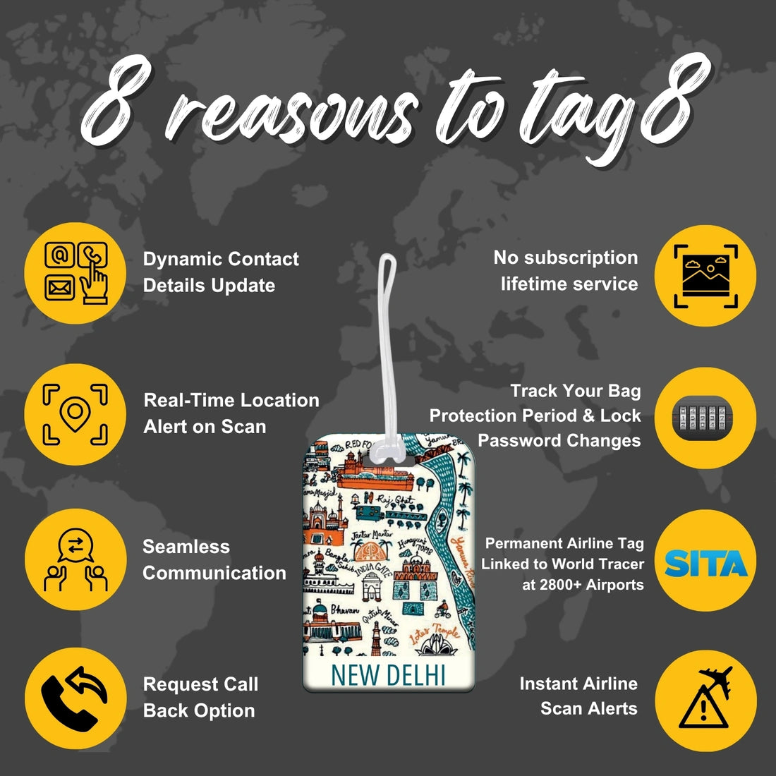 New Delhi map design smart bag security tag with QR code by tag8