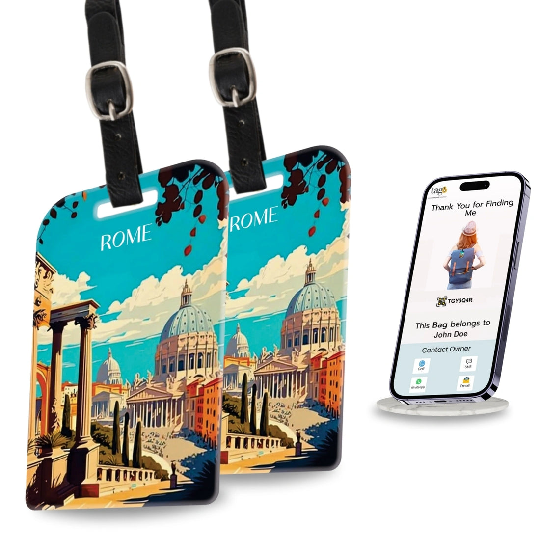 tag8 Rome Bag Tag with elegant design and smart QR code for hassle-free identification and lost & found assistance