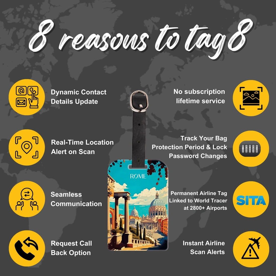 tag8 Rome Bag Tag with elegant design and smart QR code for hassle-free identification and lost & found assistance