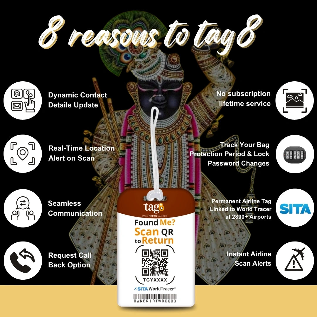 Shrinathji golden theme smart bag tag with QR code by tag8