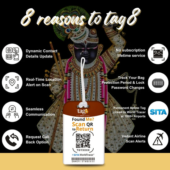Shrinathji golden theme smart bag tag with QR code by tag8