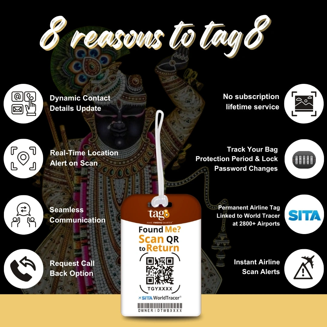 Shrinathji golden theme smart bag tag with QR code by tag8