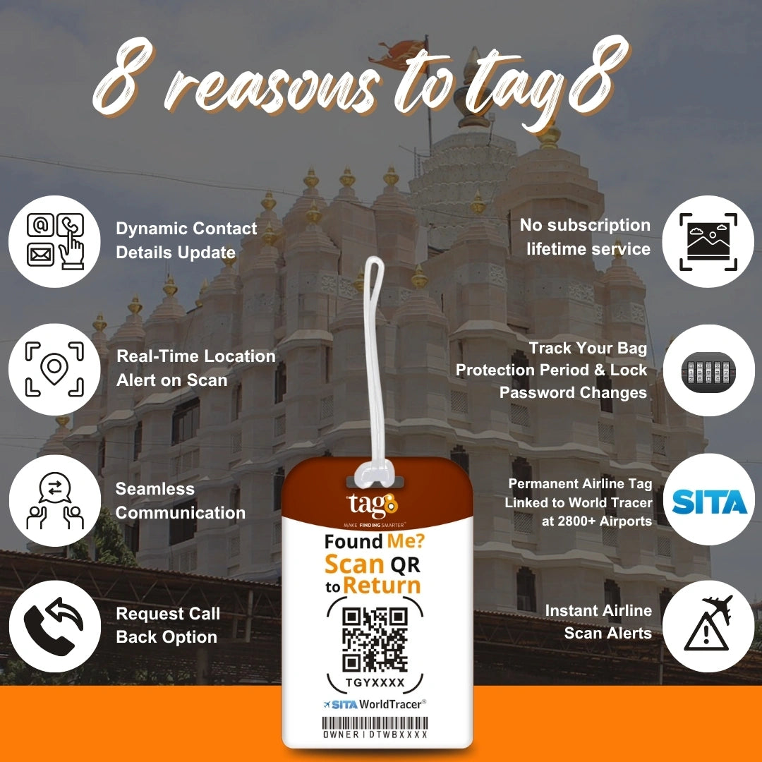 Shree Siddhivinayak Ganapati smart bag tag with QR code by tag8