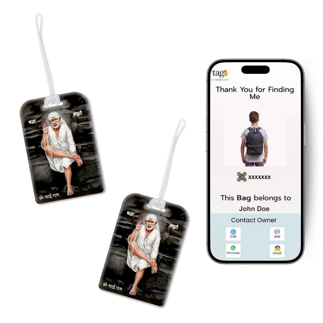 tag8 Smart Bag Tag Pack of 2 with Sai Baba travel themes and QR code for secure identification and lost & found support