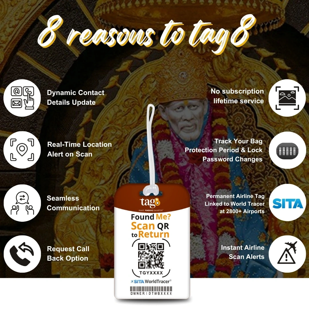 tag8 Smart Bag Tag Pack of 2 with Sai Baba travel themes and QR code for secure identification and lost & found support