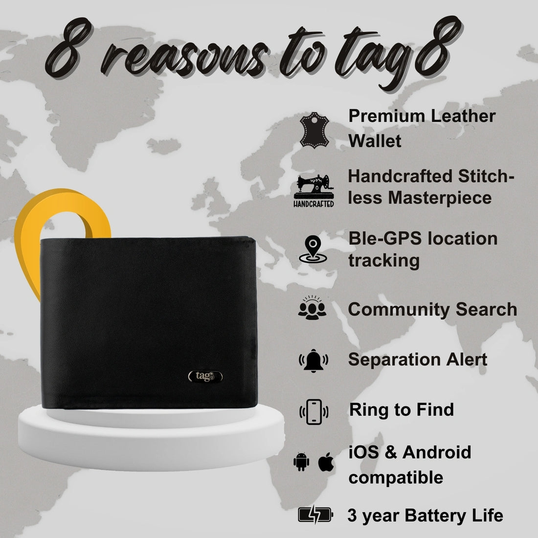 tag8 Smart Wallet - Stitchless design with RFID protection and smart tracking for modern security