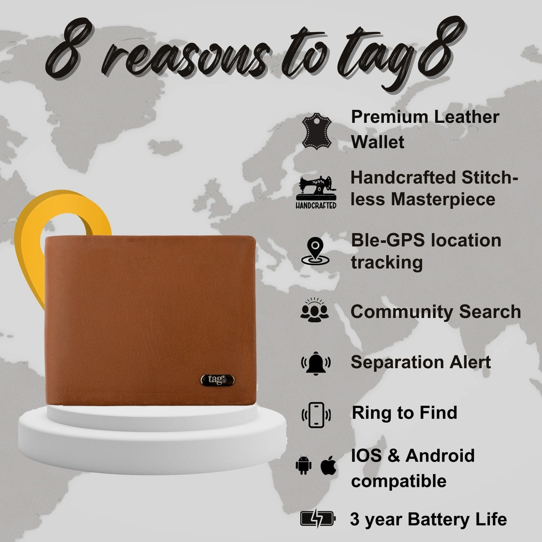 tag8 Smart Wallet - Stitchless design with RFID protection and smart tracking for modern security