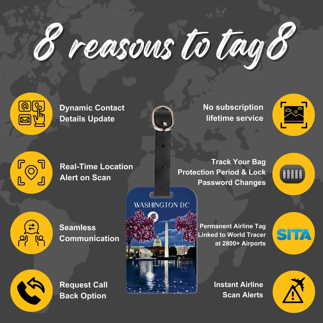 tag8 Washington DC Bag Tag with iconic design and smart QR code for hassle-free identification and lost & found support