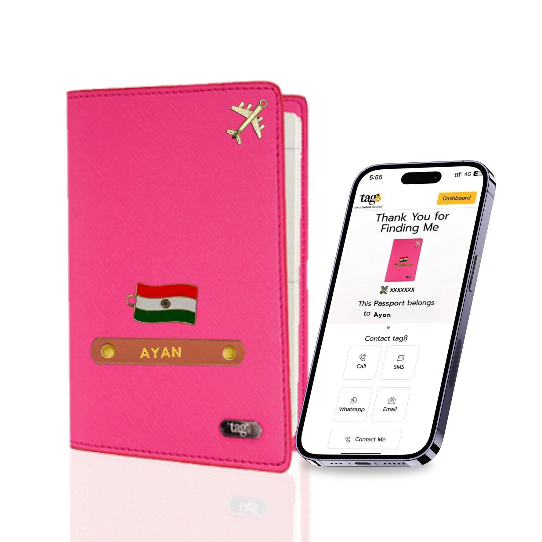 Personalised Name & Charm Leather RFID and BLE Dolphin Tracker Passport Cover Holder
