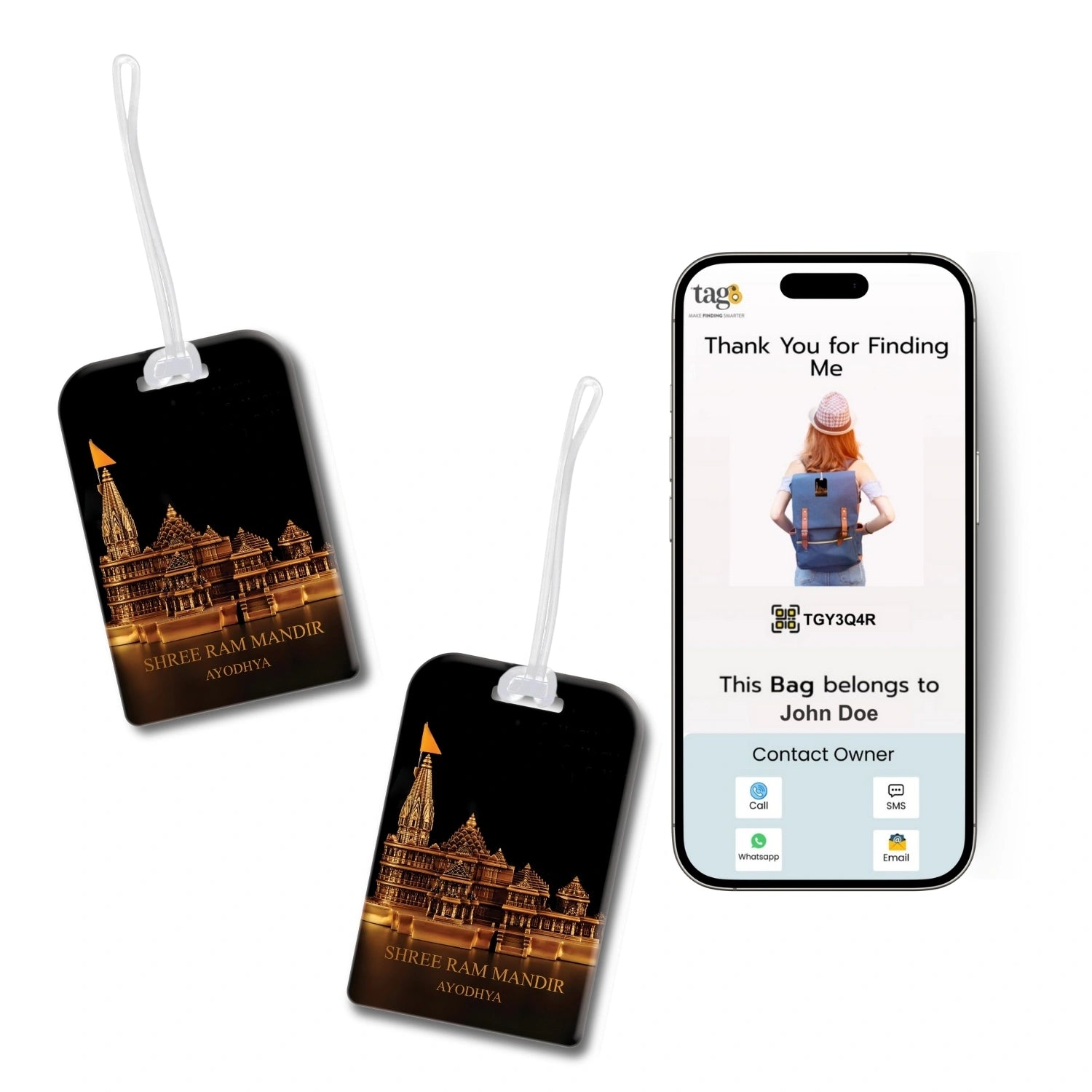 [Pack of 2] tag8 Smart Bag Tag-Ram Mandir Ayodhya Metal
