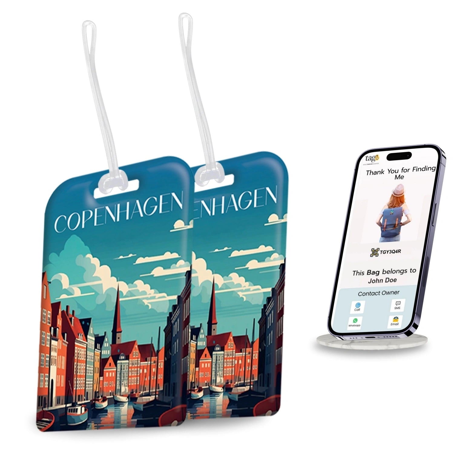 Copenhagen QR Bag Tag by tag8 with secure QR code