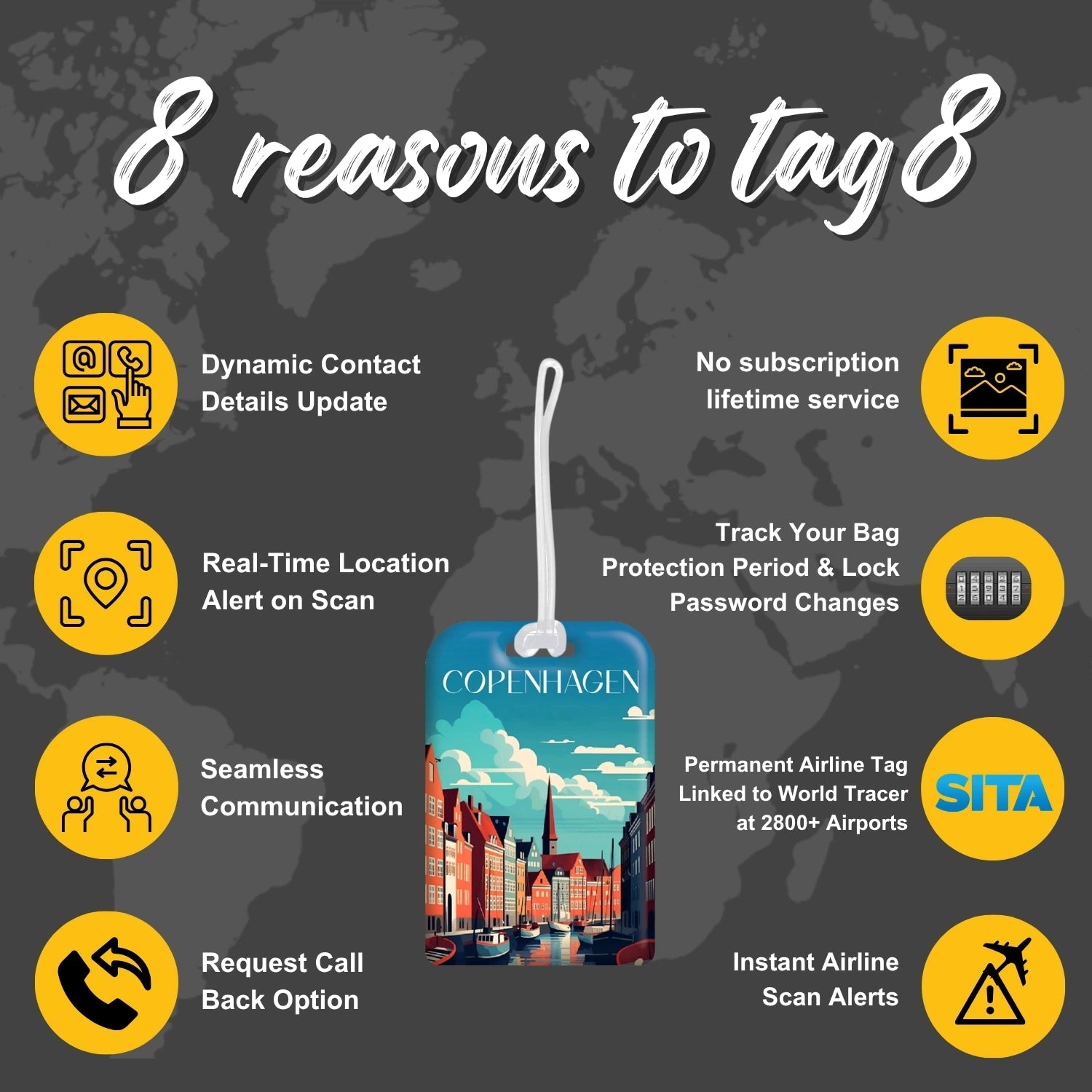 Copenhagen QR Bag Tag by tag8 with secure QR code