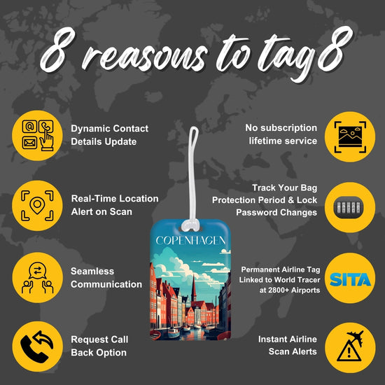 Copenhagen QR Bag Tag by tag8 with secure QR code