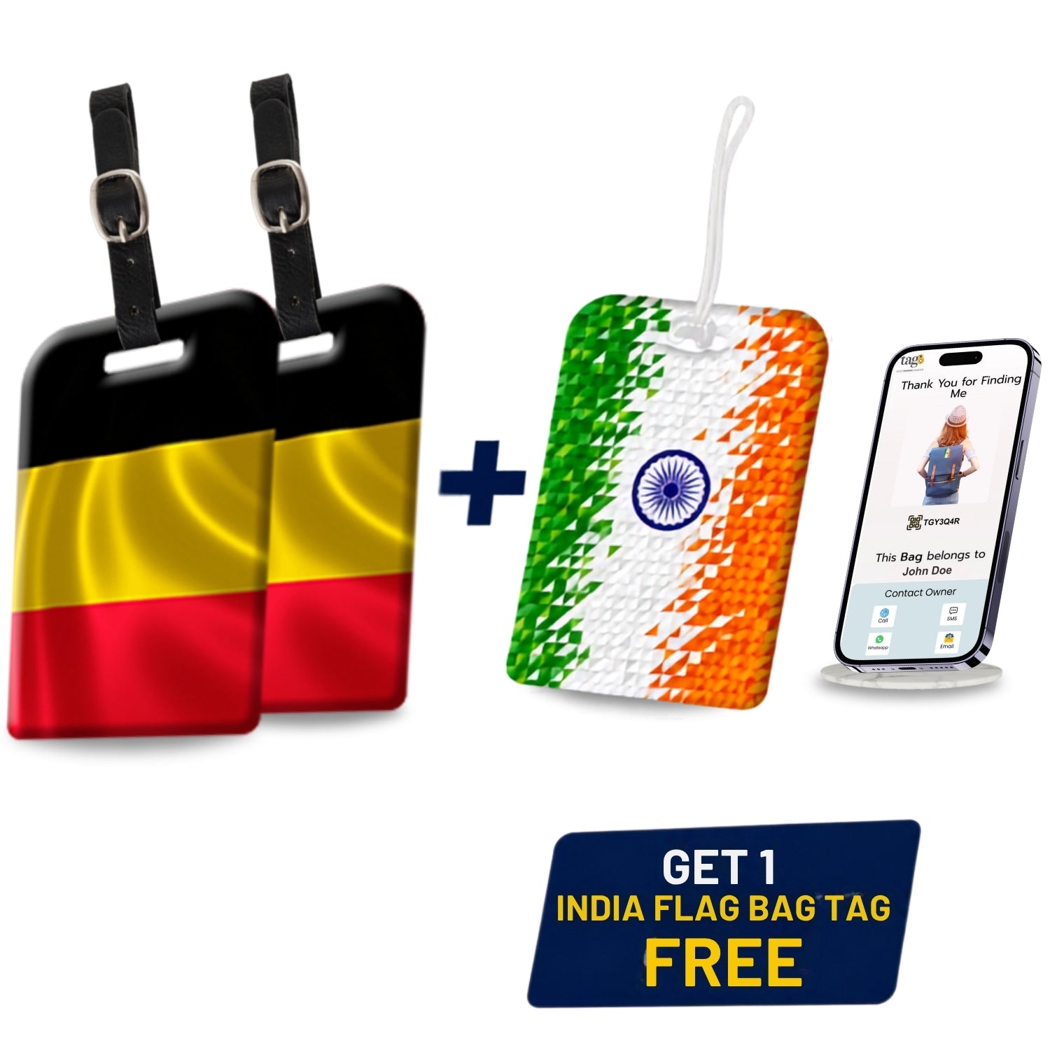 Smart Bag Security Tag - Belgium Flag [Pack 2] + 1 Indian Pixel