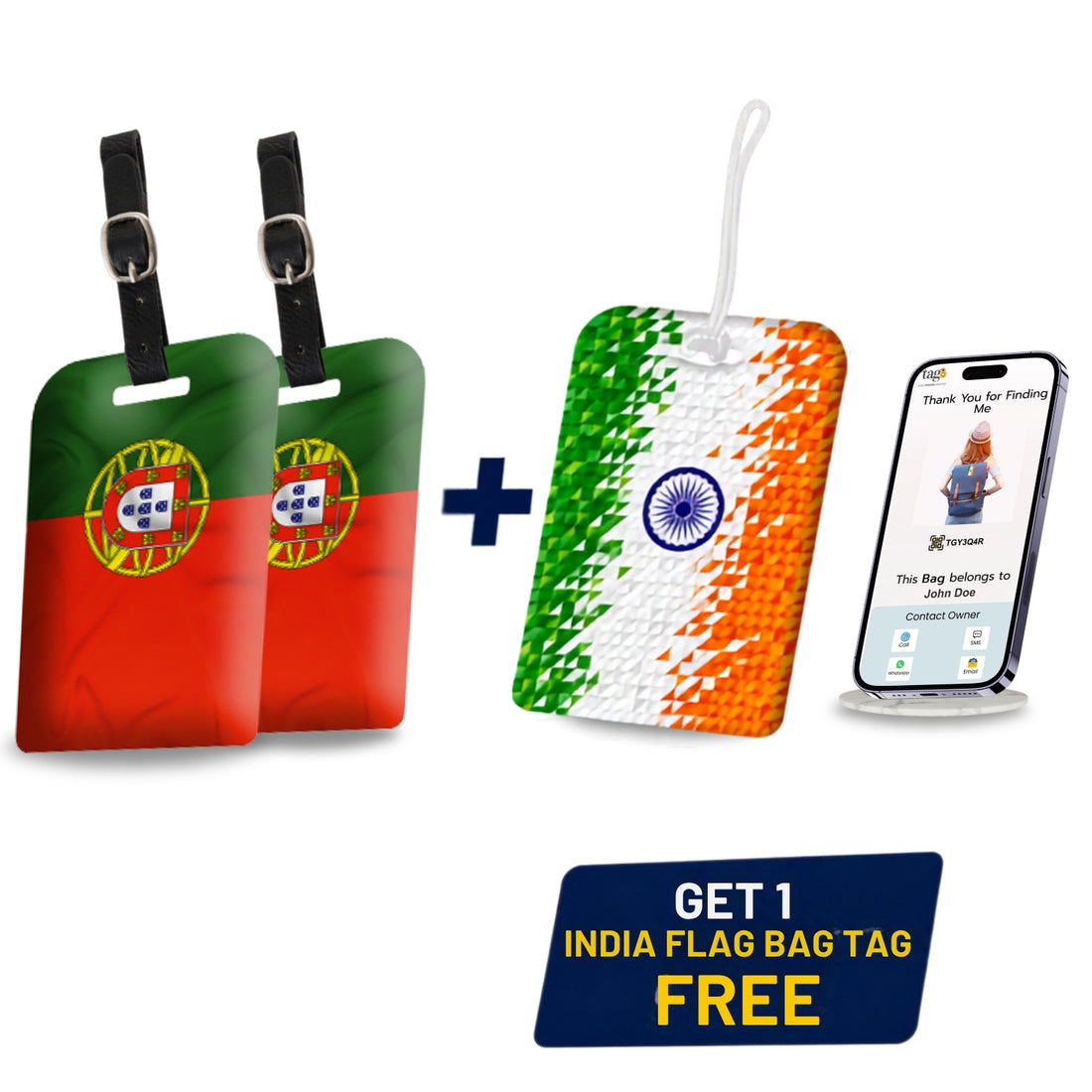 Smart Bag Security Tag - Portugal Flag [Pack 2] + 1 Indian Pixel