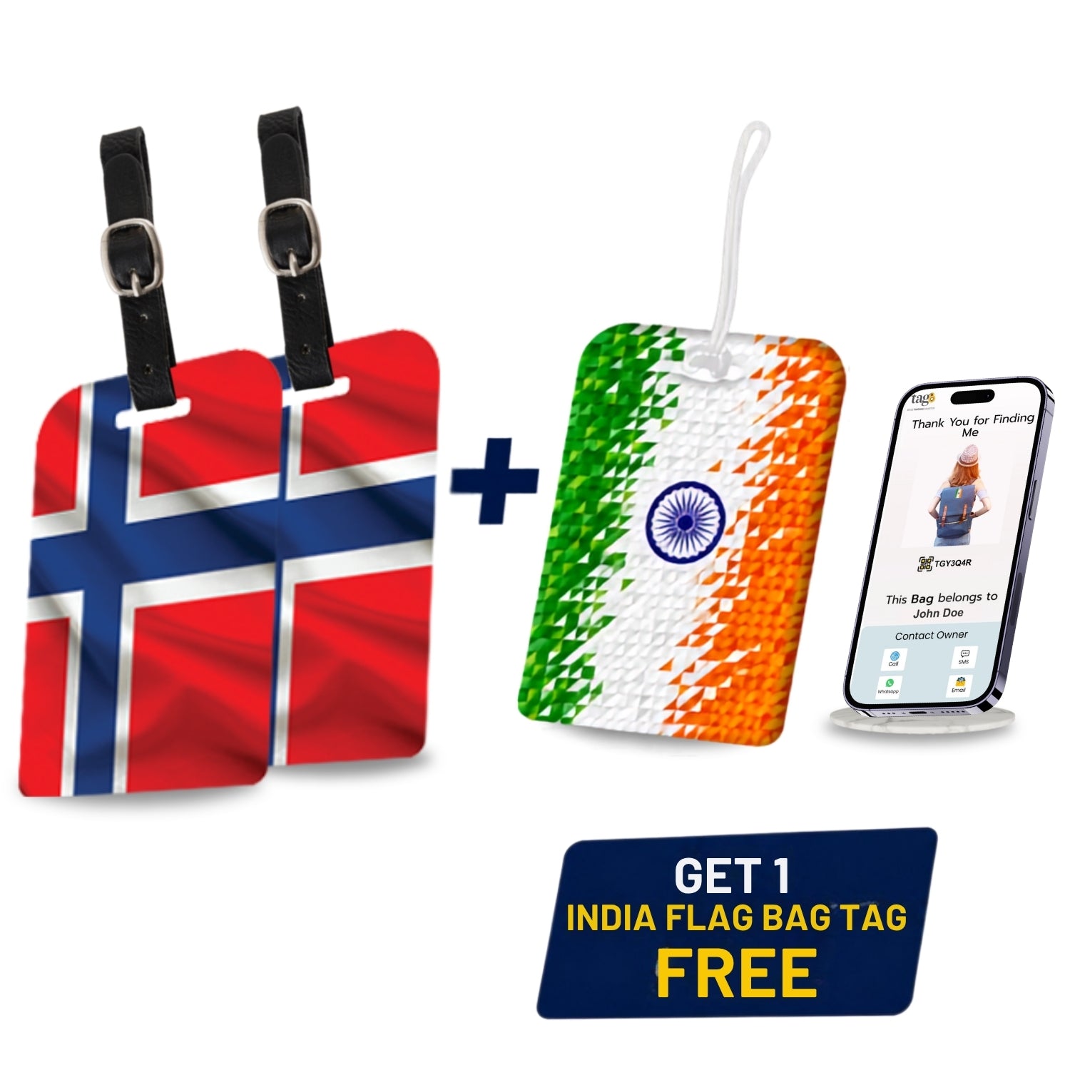 Smart Bag Security Tag - Norway Flag [Pack 2] + 1 Indian Pixel