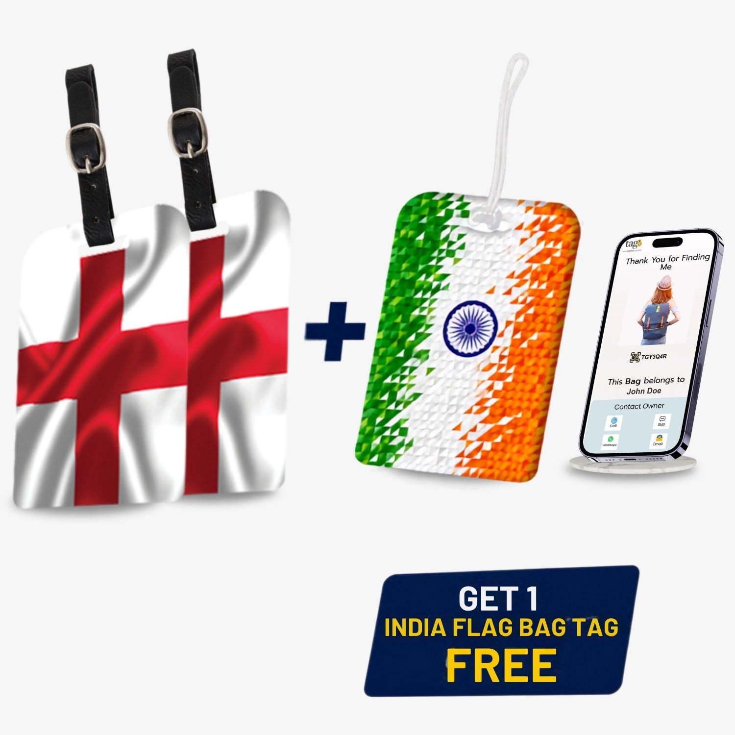 Smart Bag Security Tag - England Flag [Pack 2] + 1 Indian Pixel