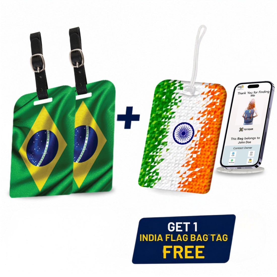 Smart Bag Security Tag - Brazil Flag [Pack 2] + 1 Indian Pixel