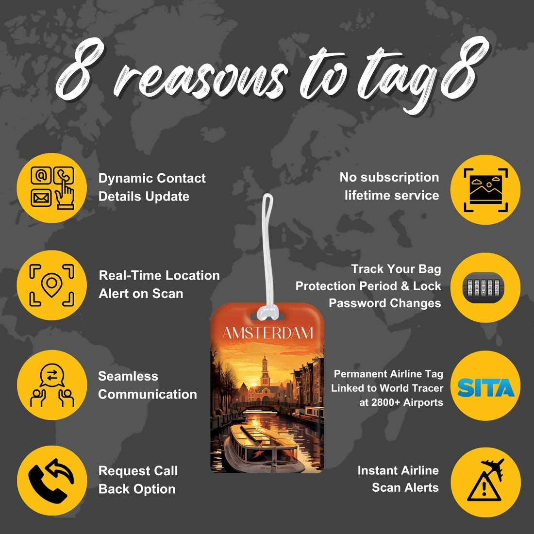 Amsterdam QR Bag Tag by tag8 with secure QR code