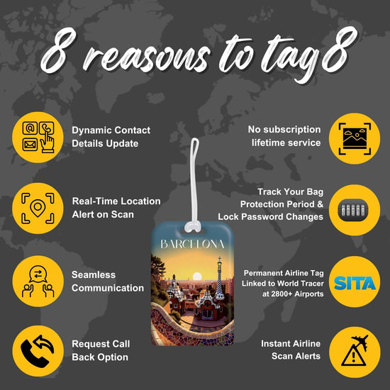 Barcelona QR Bag Tag by tag8 with secure QR code