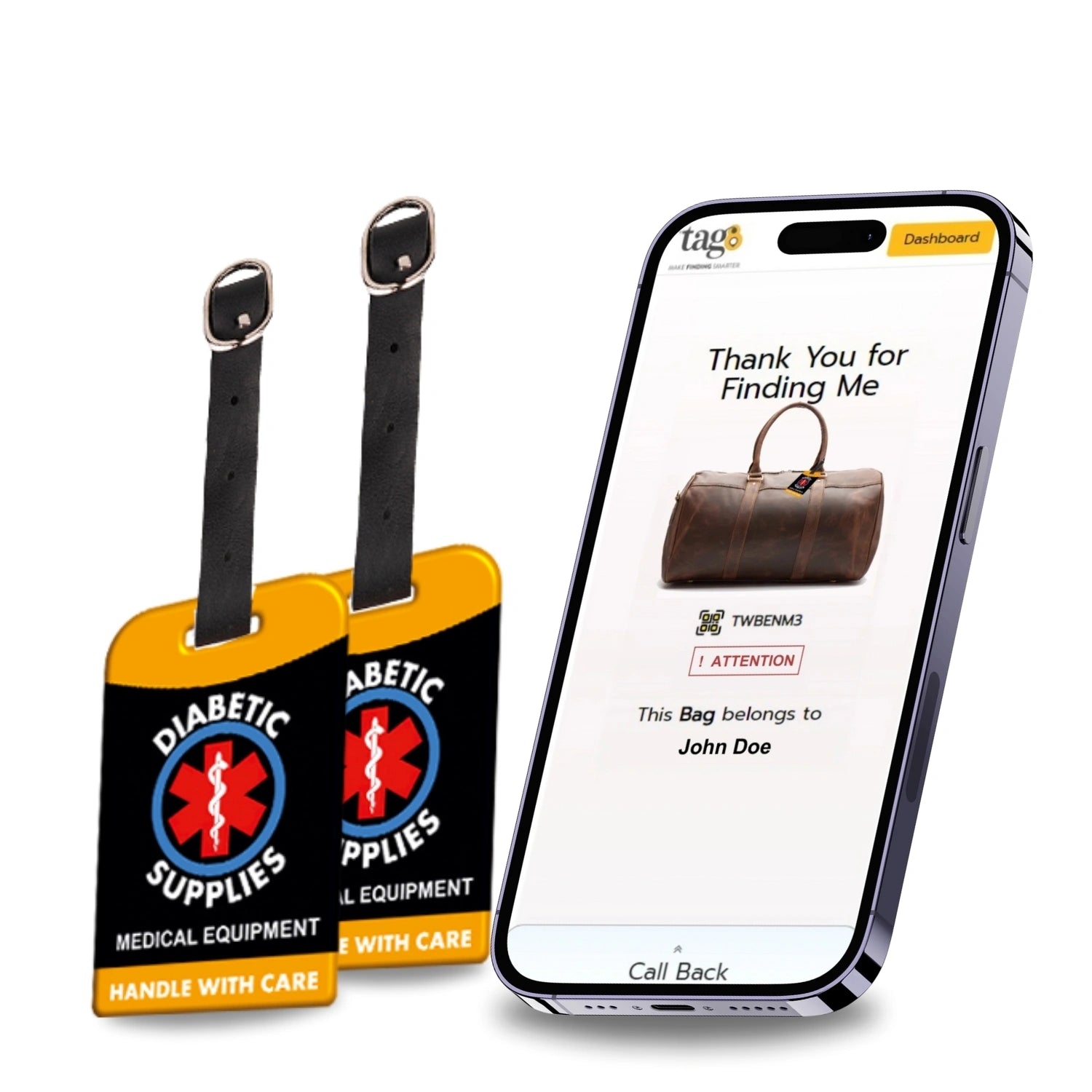 Diabetic QR Bag Tag by tag8 for luggage tracking