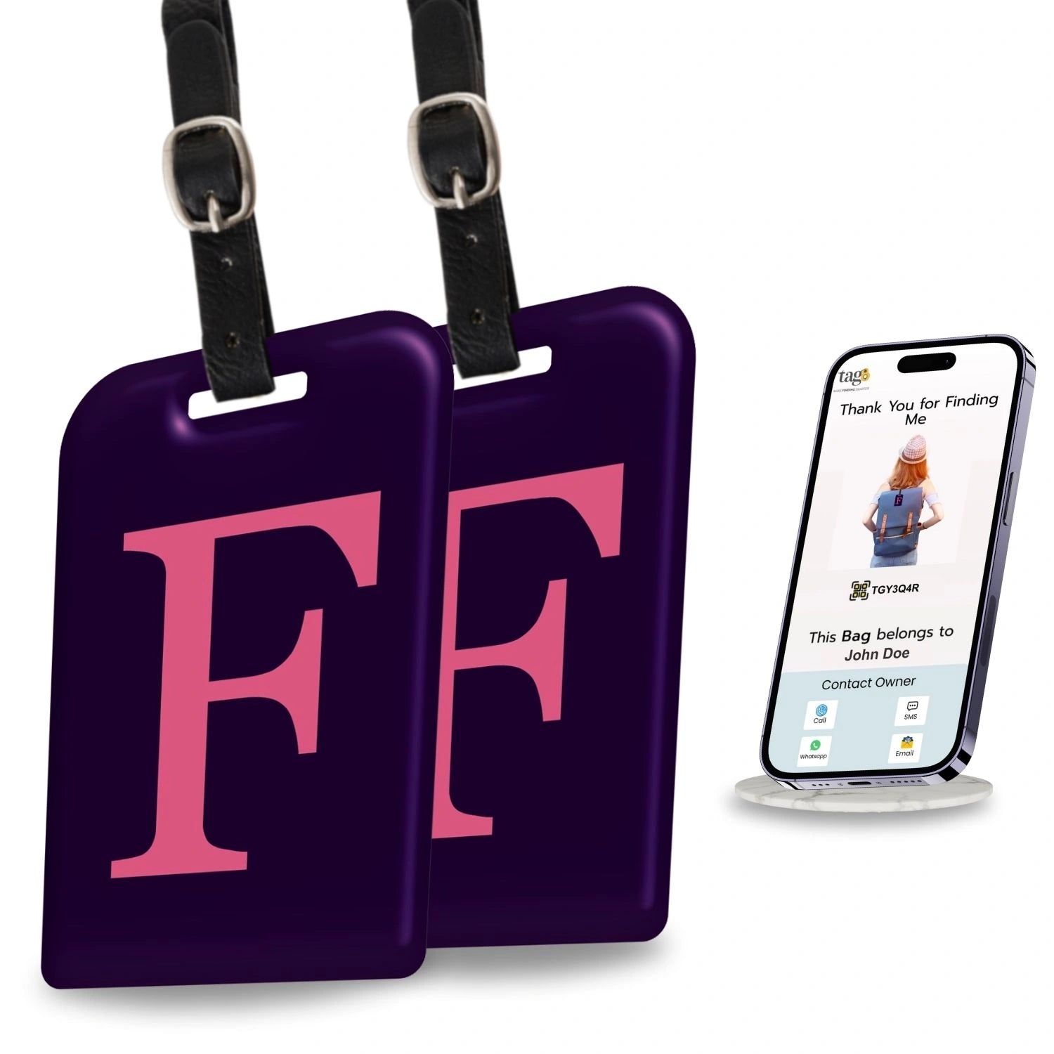 QR tag for bag with initial F