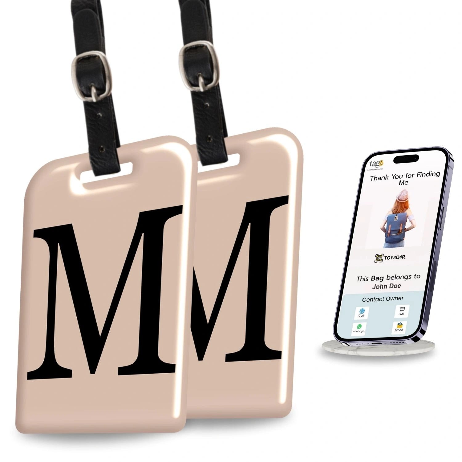 QR tag for bag with initial M