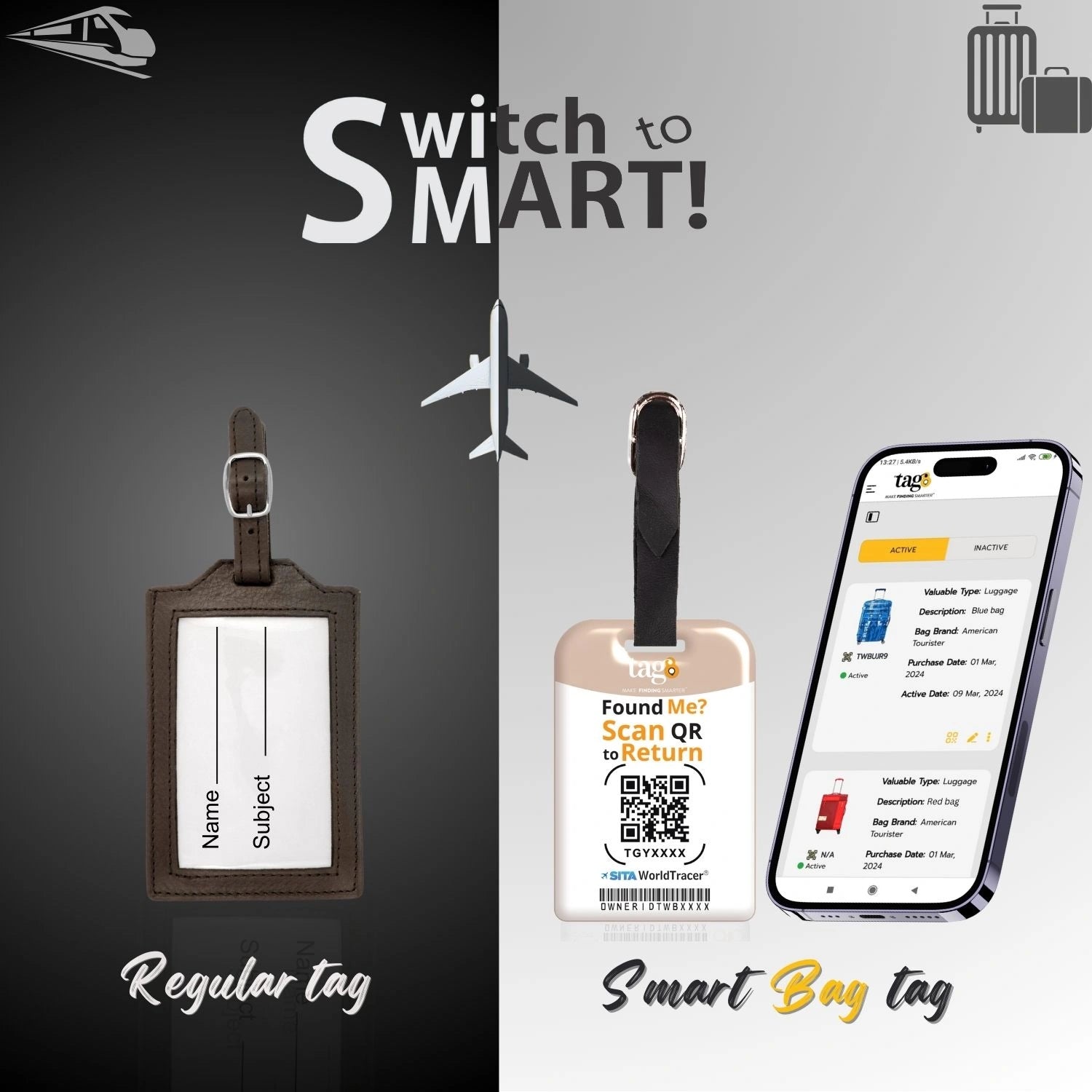 QR tag for bag with initial M