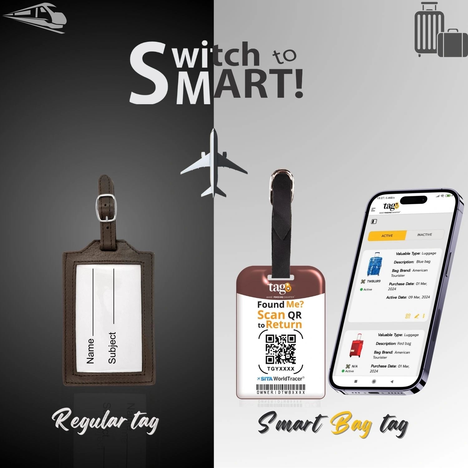 QR tag for bag with initial T