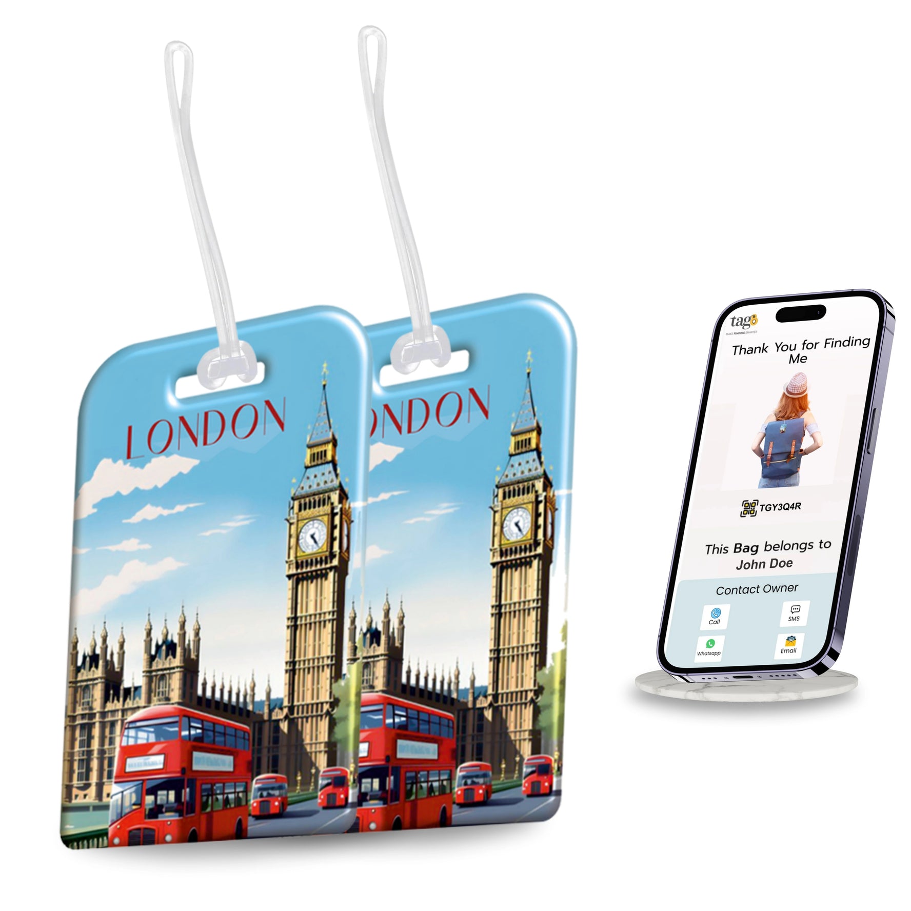 London QR Bag Tag by tag8 with secure QR code