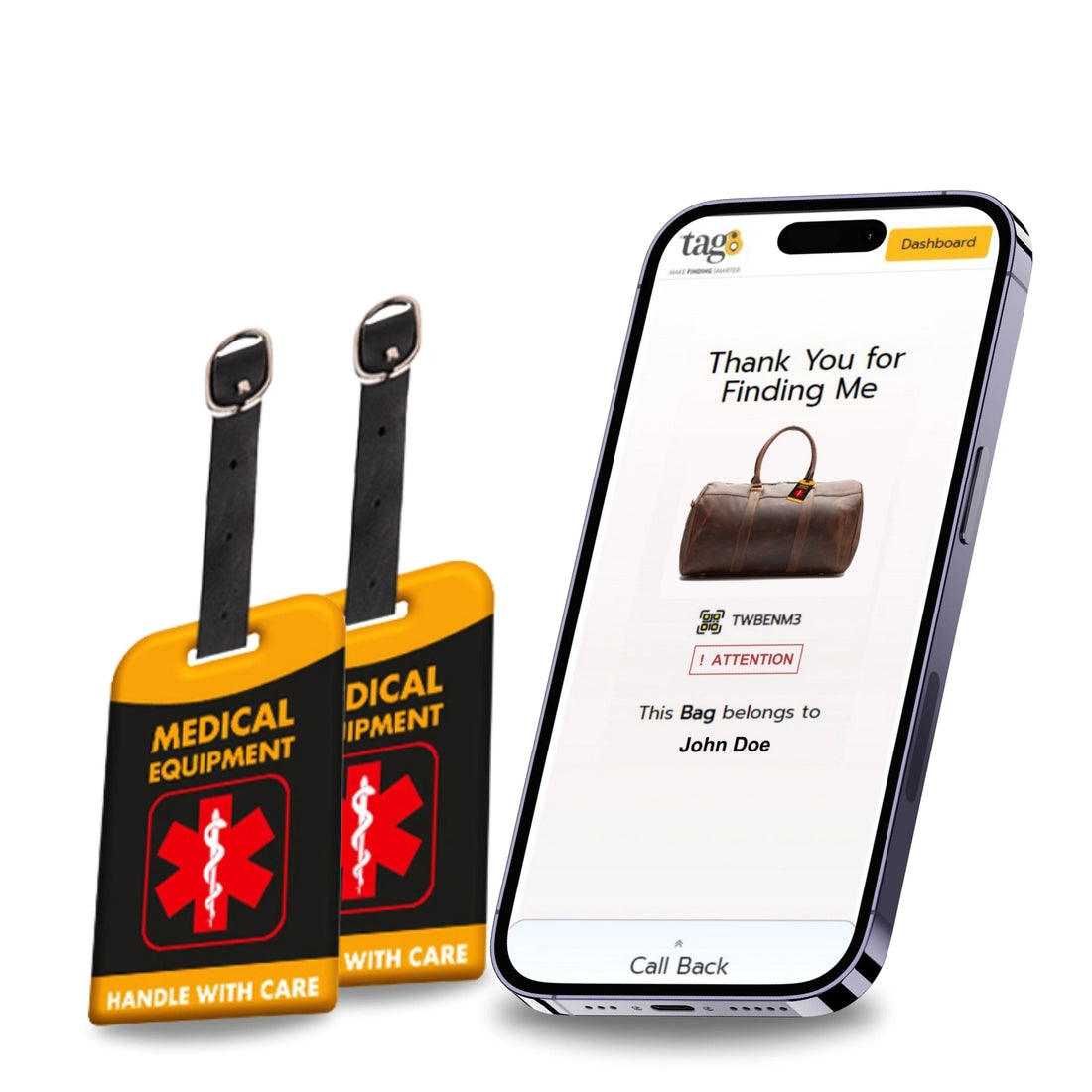 Medical Equipment QR Bag Tag by tag8 for luggage tracking