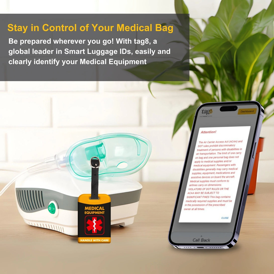 Medical Equipment QR Bag Tag by tag8 for luggage tracking