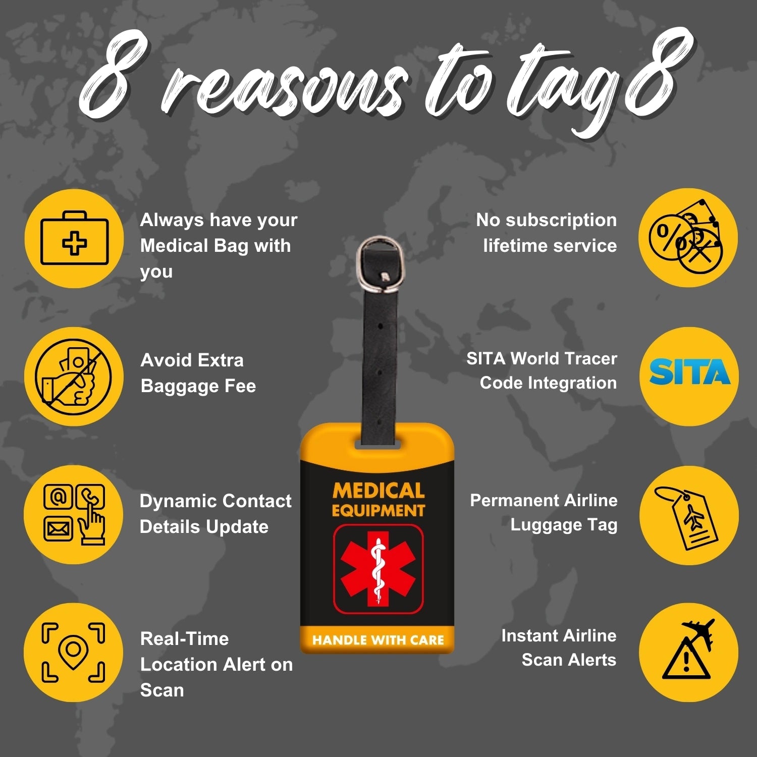 Medical Equipment QR Bag Tag by tag8 for luggage tracking