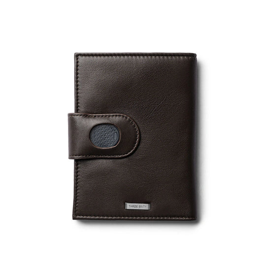 Orbit Smart Passport Holder Bi-Fold in Brown leather with Dolphin Max tracker attached to a passport and travel essentials