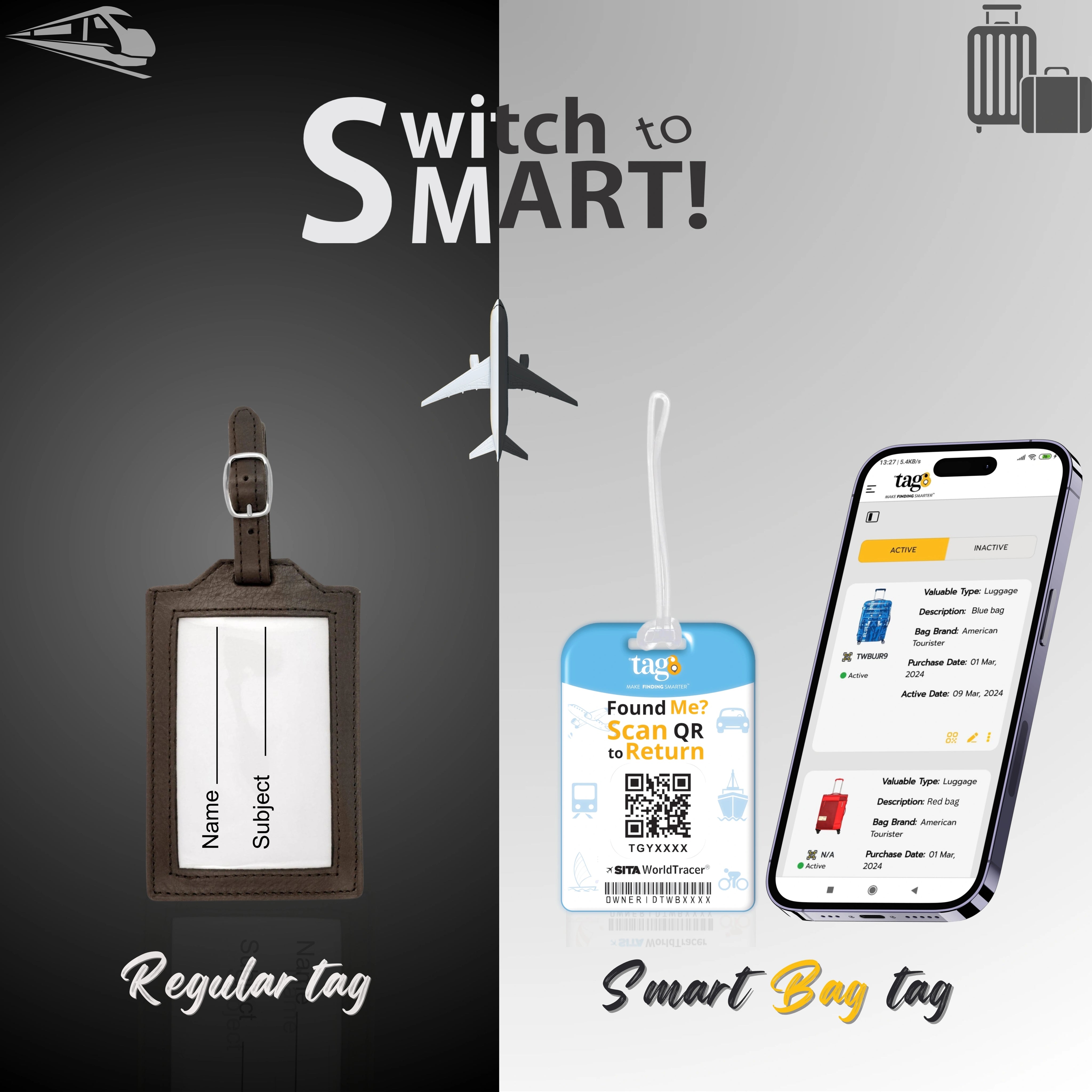 Paris QR Bag Tag by tag8 with smart tracking