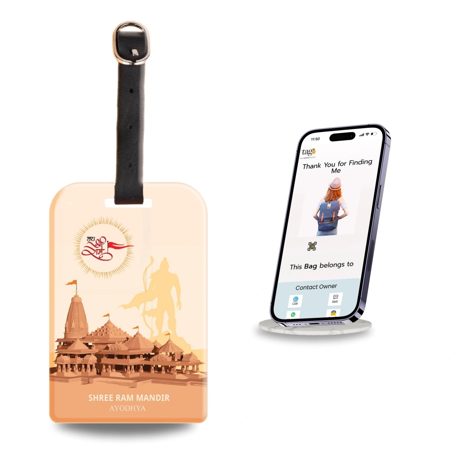 Ram Mandir Ayodhya Luggage QR Tag in brown for quick identification