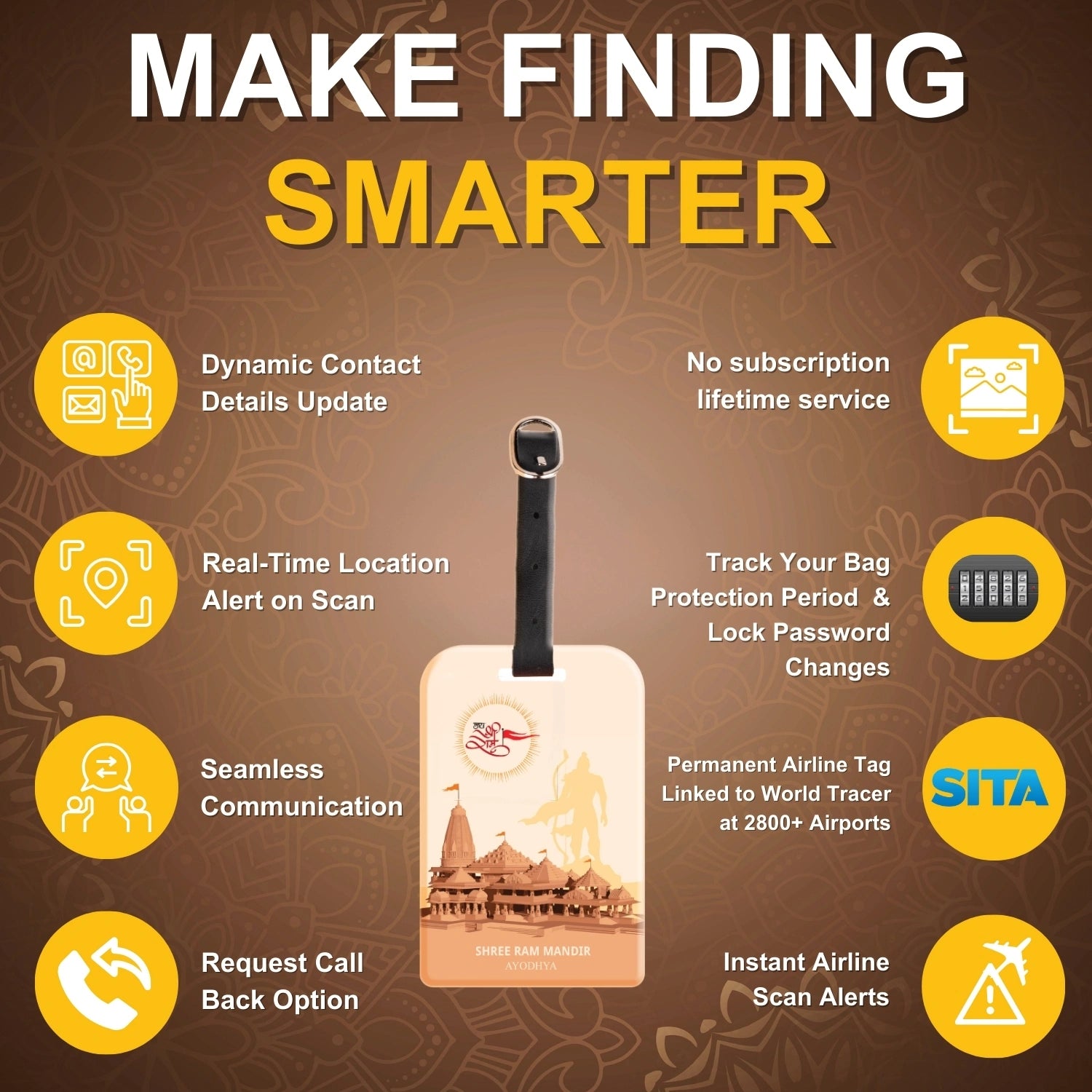 Ram Mandir Ayodhya Luggage QR Tag in brown for quick identification