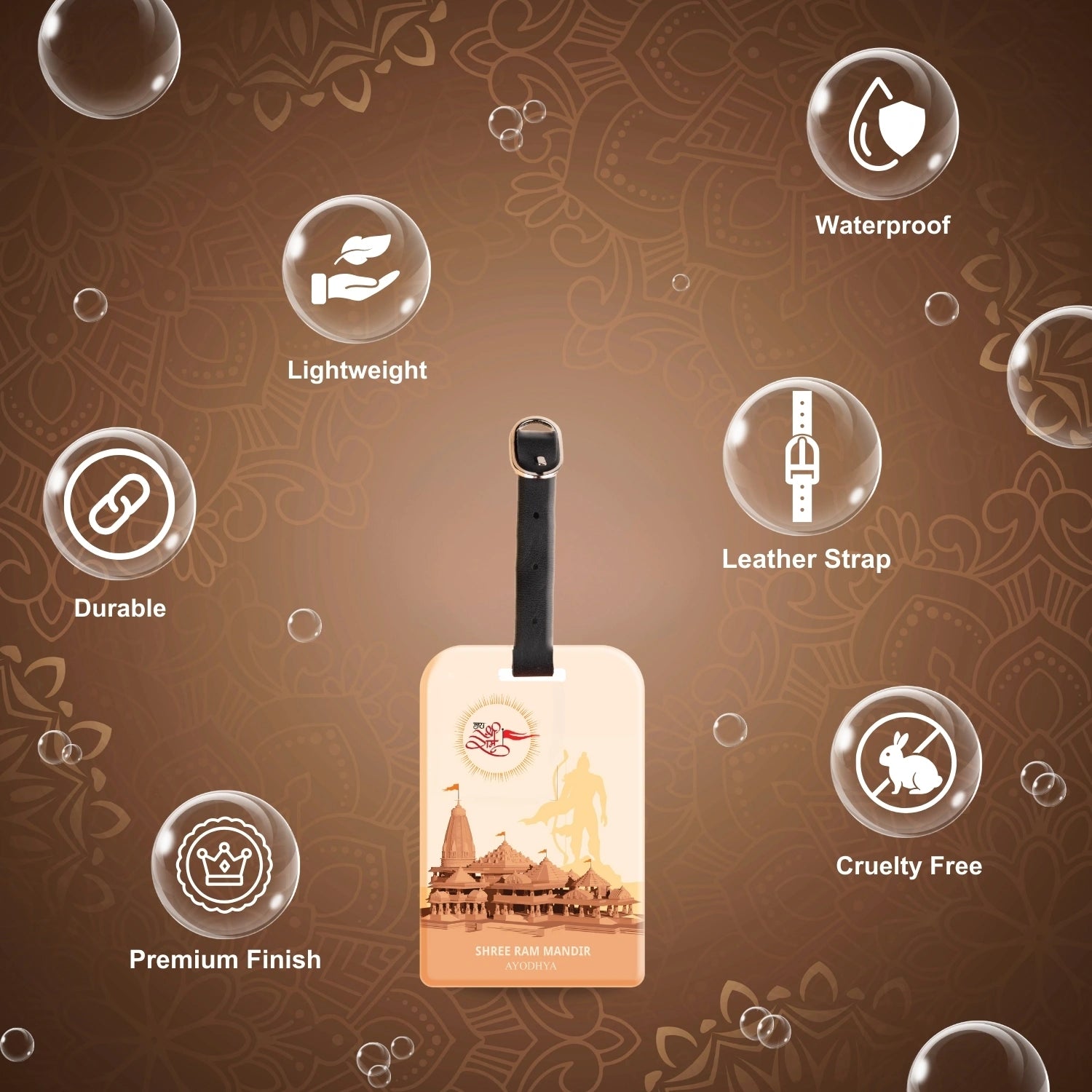 Ram Mandir Ayodhya Luggage QR Tag in brown for quick identification
