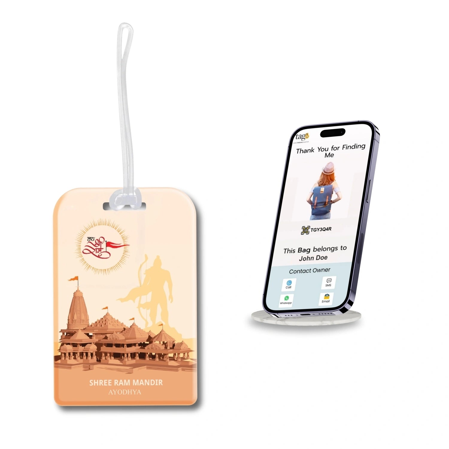 Ram Mandir Ayodhya Luggage QR Tag in brown for quick identification