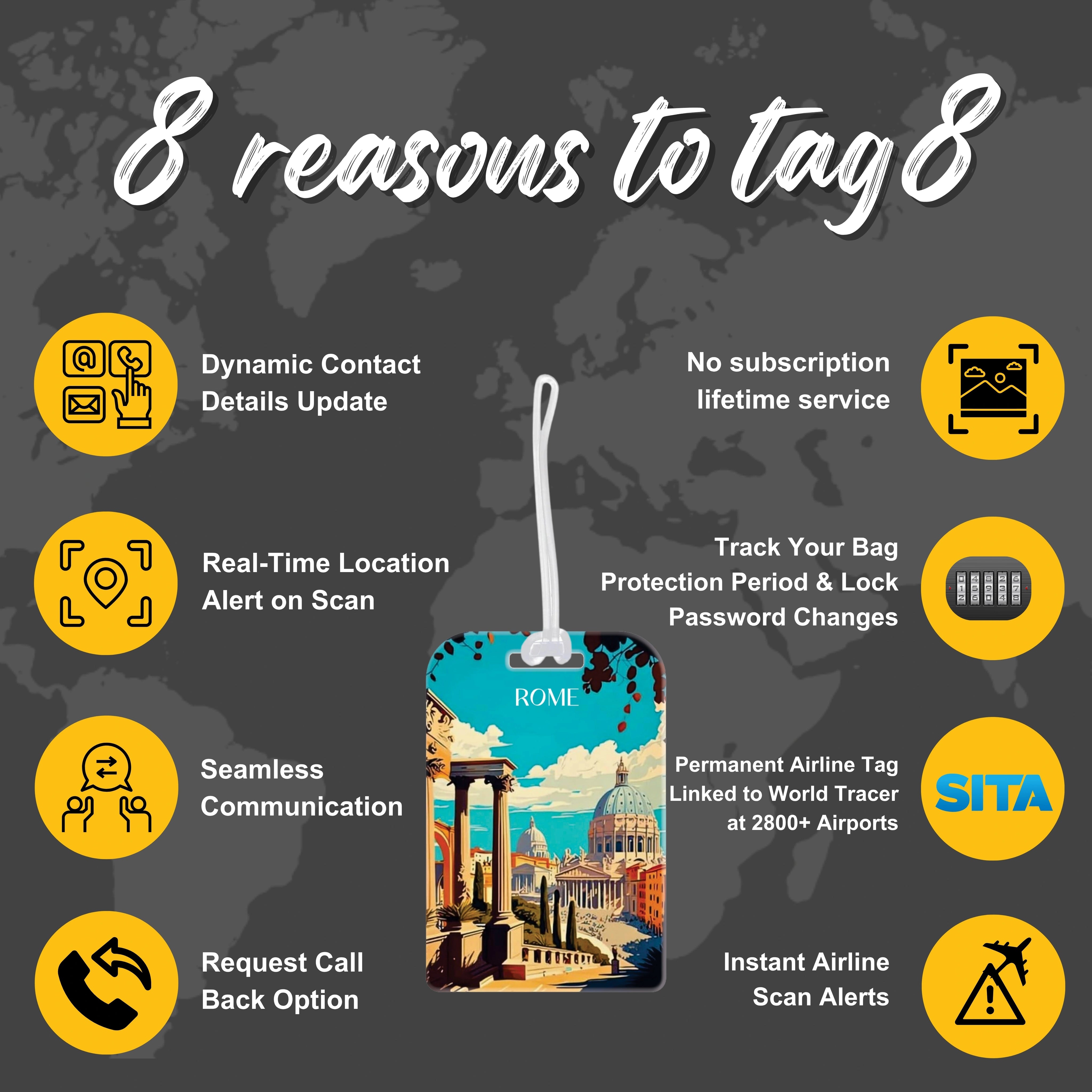 Rome QR Bag Tag by tag8 with secure QR code