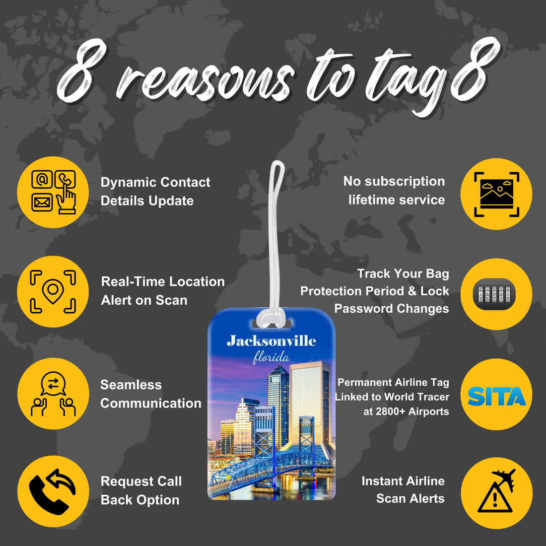 tag8 Jacksonville FL  Bag Tag with elegant design and smart QR code for hassle-free identification and lost & found assistance