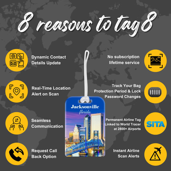 tag8 Jacksonville FL  Bag Tag with elegant design and smart QR code for hassle-free identification and lost & found assistance