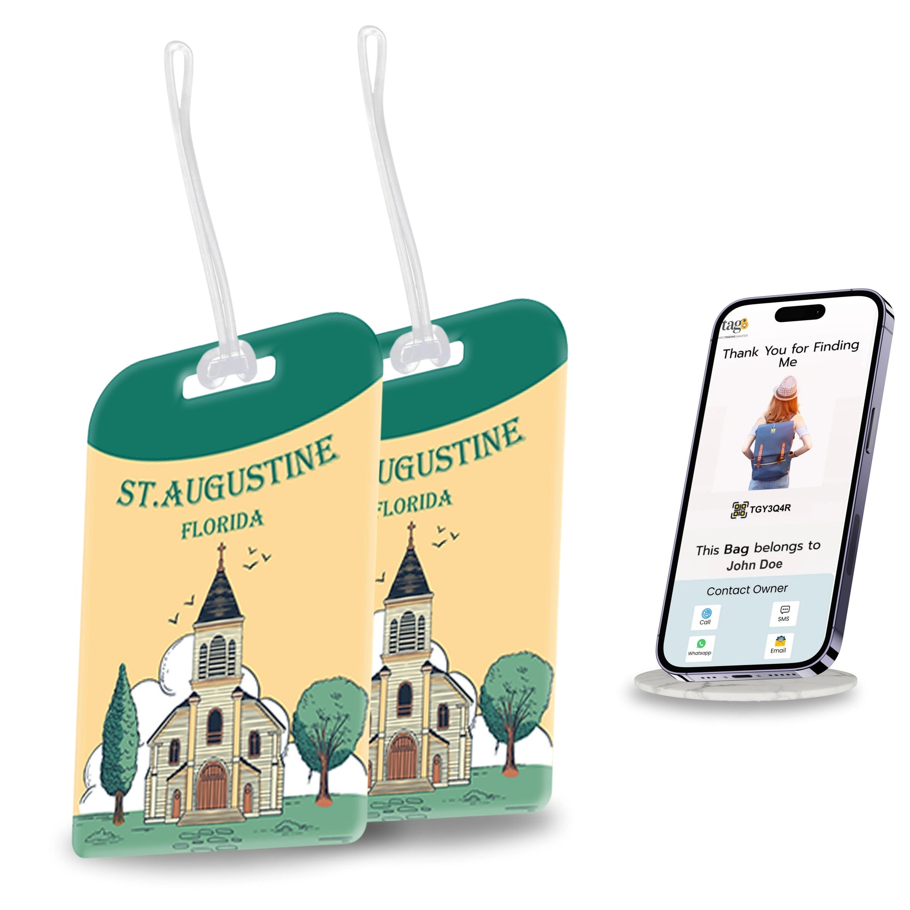 tag8 ST. Augustine FL Bag Tag with elegant design and smart QR code for hassle-free identification and lost & found assistance