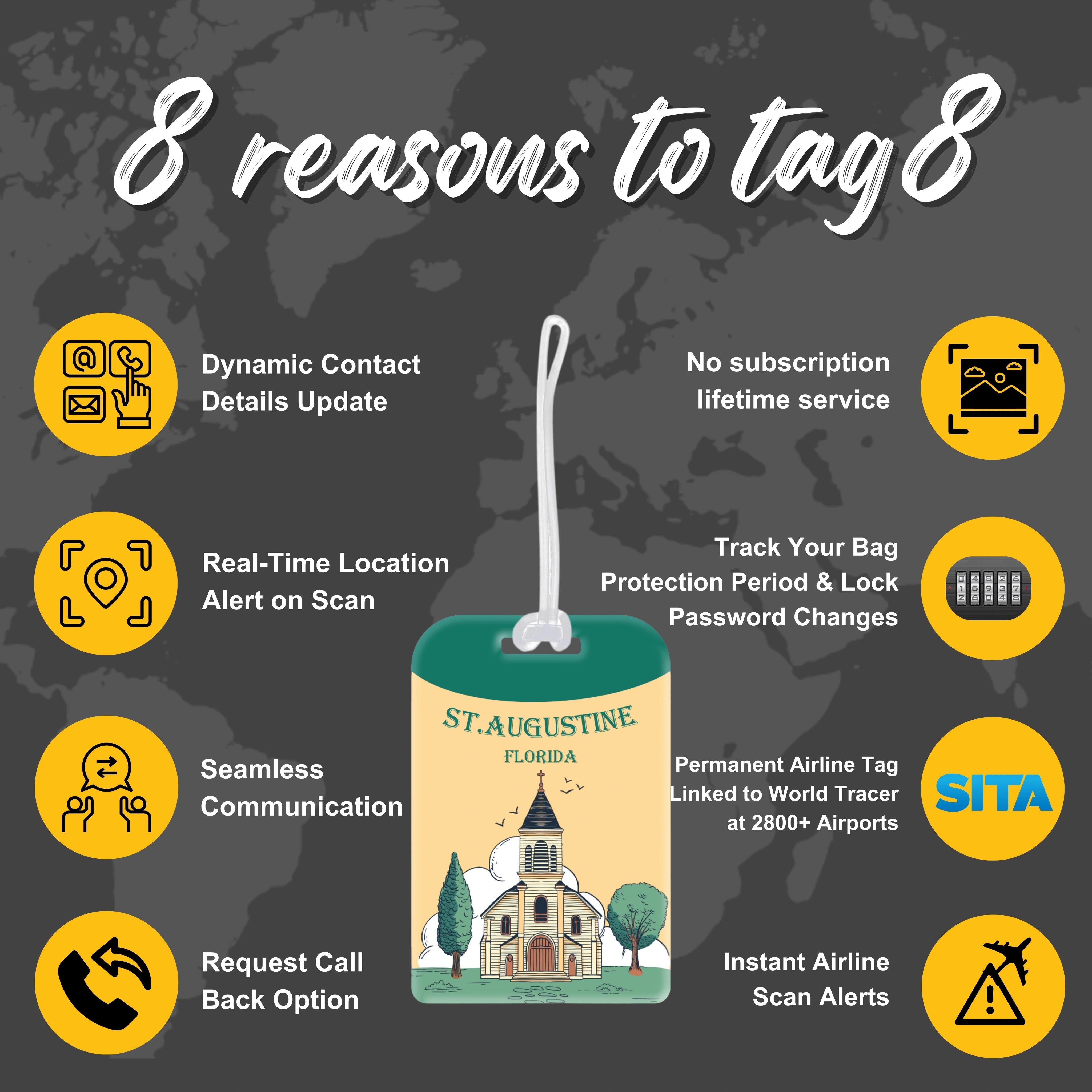 tag8 ST. Augustine FL Bag Tag with elegant design and smart QR code for hassle-free identification and lost & found assistance