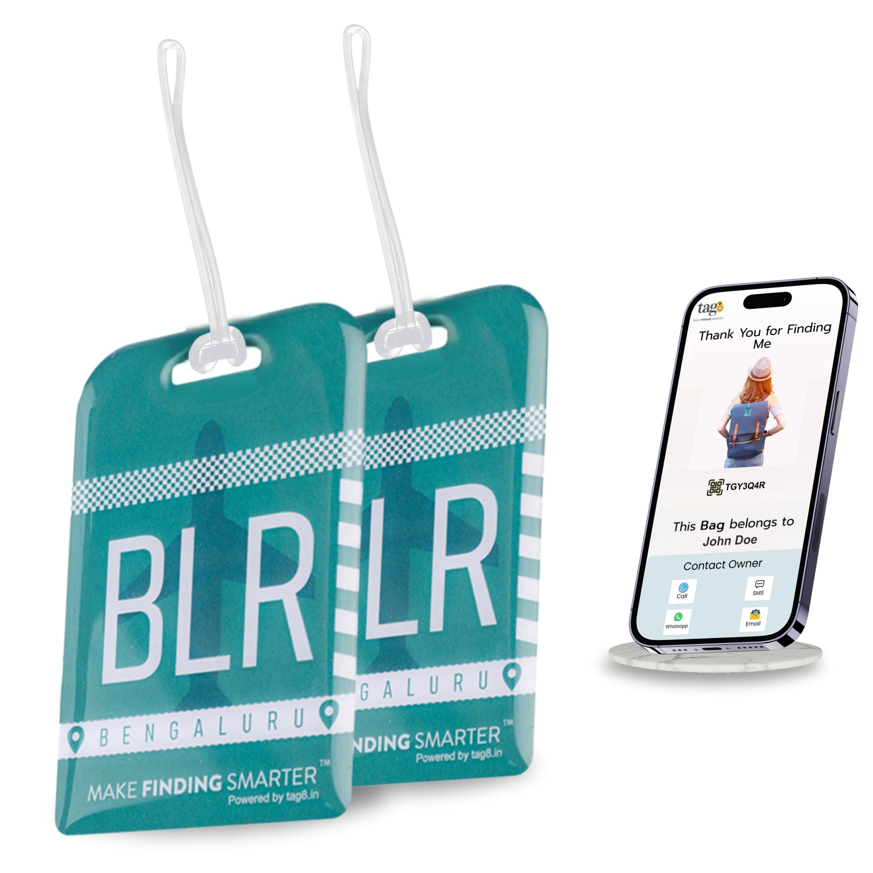 Bengaluru BLR city-themed smart bag security tag with QR code by tag8
